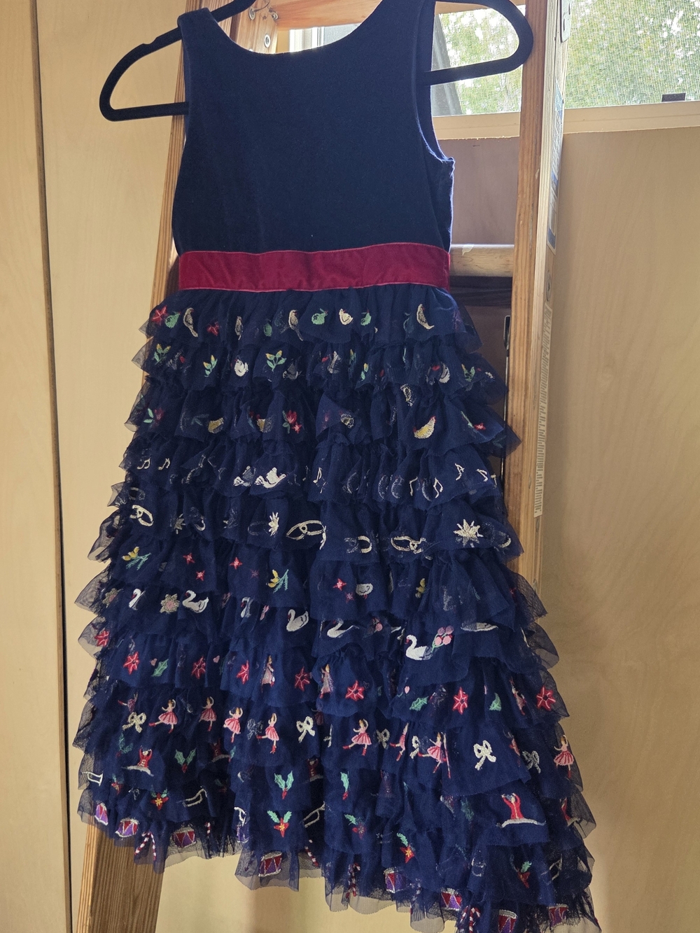 Mini Boden Navy Ruffle Dress with Pink Velvet Waistband